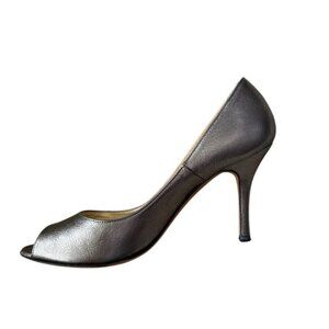 Luciano Pavodan Made in Italy Leather Peep Toe Silver Metallic Heels Sz 37